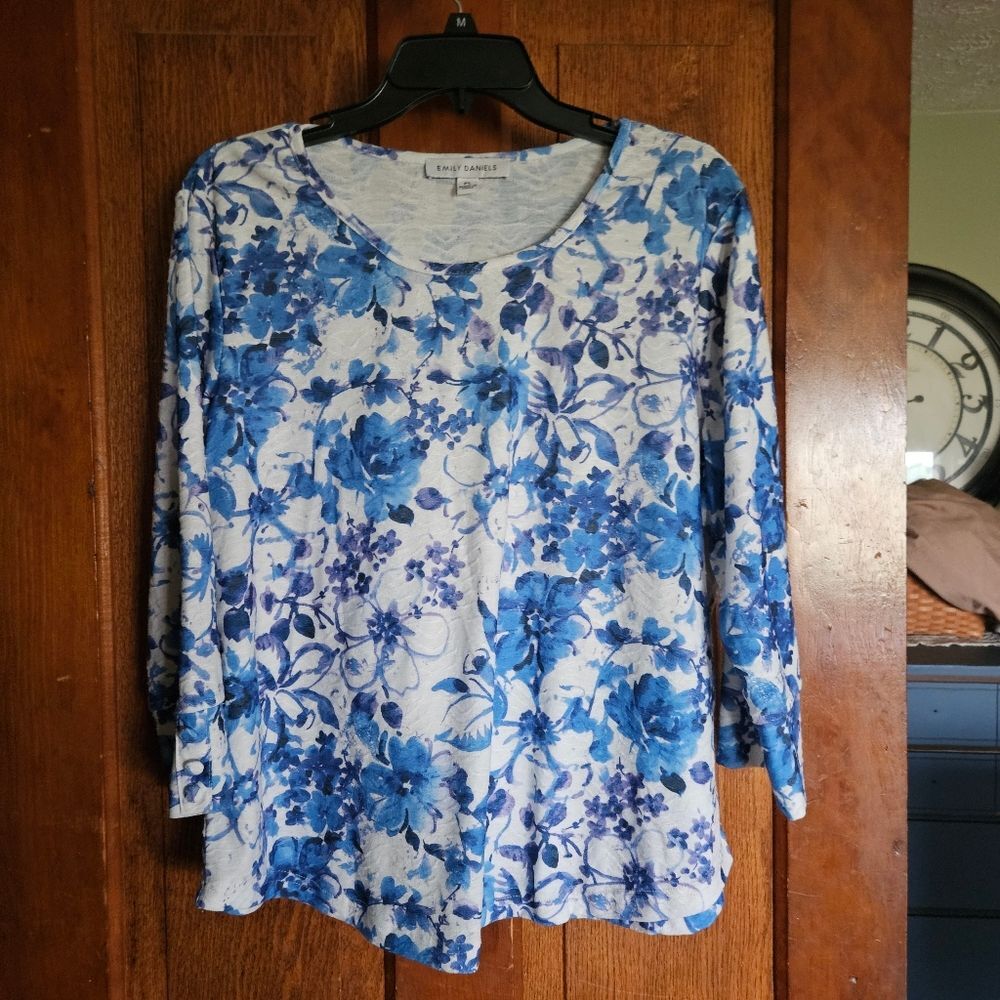 Emily Daniels Petite Large White Floral Cotton Blouse‎ PL | 3/4 Sleeve Top